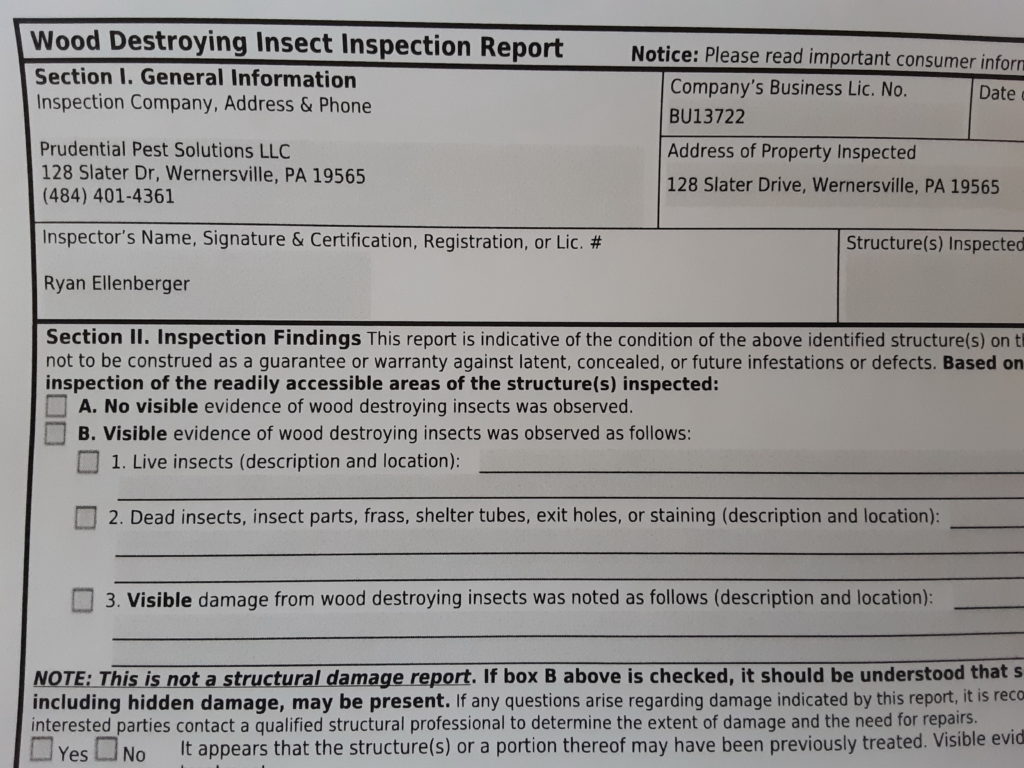 Wood Destroying Insect Report