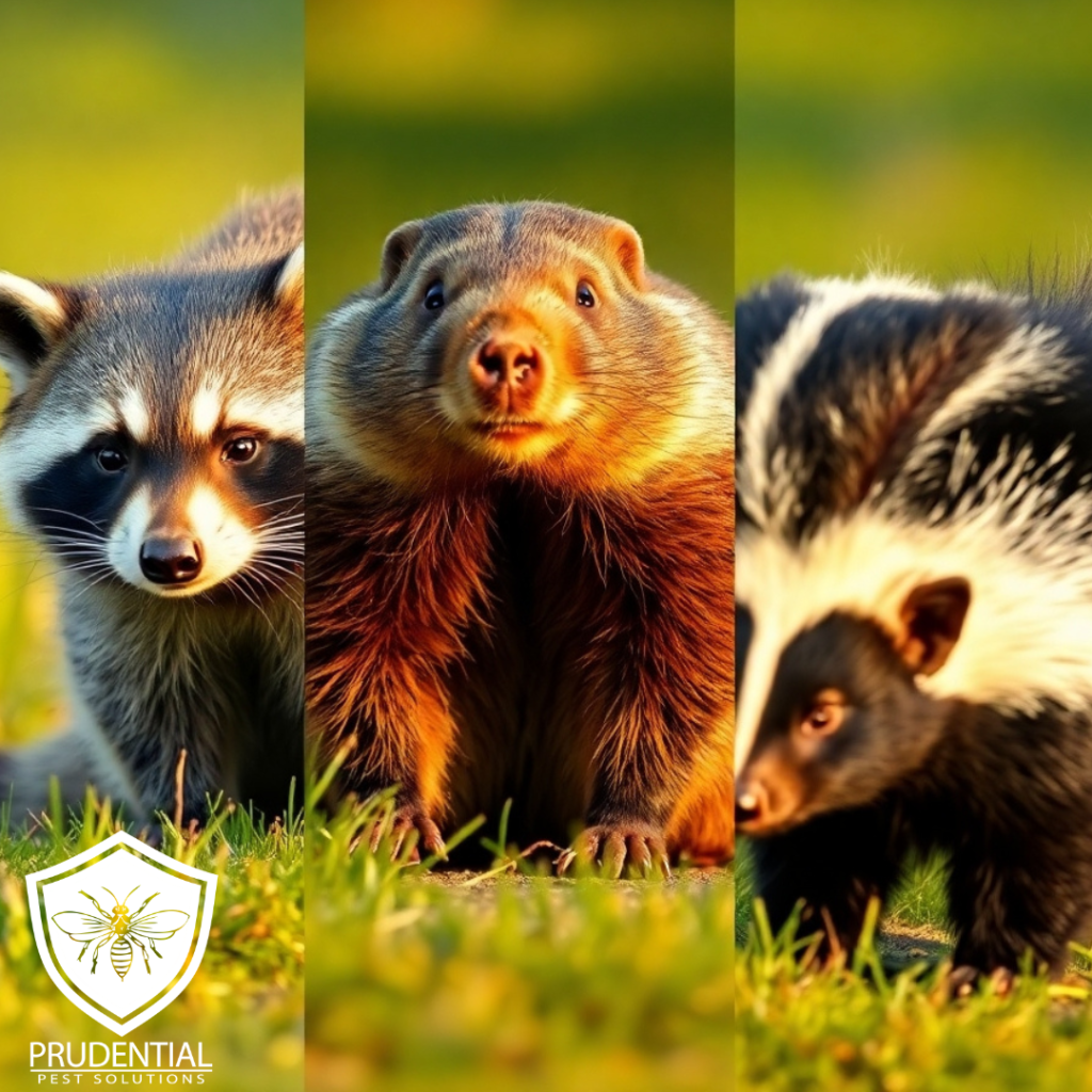 raccoon, groundhog, and skunk