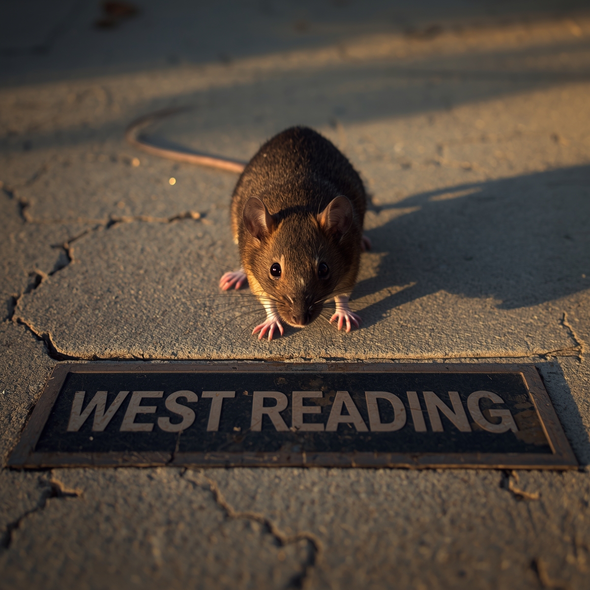 a mouse is standing on the sidewalk in West Reading PA with a sign that says West Reading