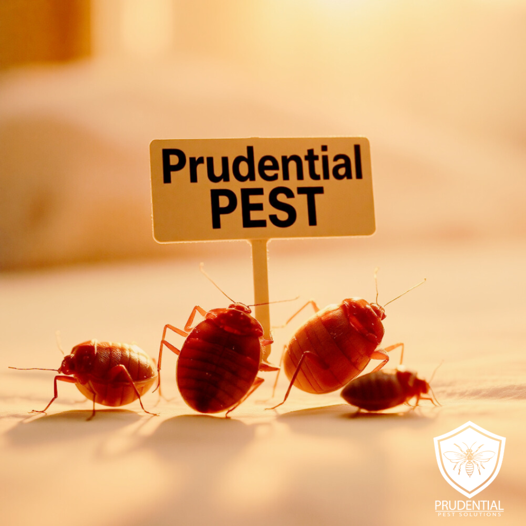 Bed Bugs on a bed in Pennsylvania holding a sign that says Prudential Pest