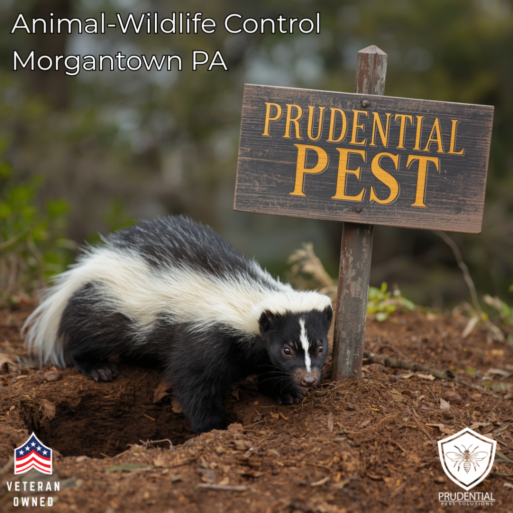 a skunk sits outside of his den in Morganton PA with a sign that says Prudential Pest