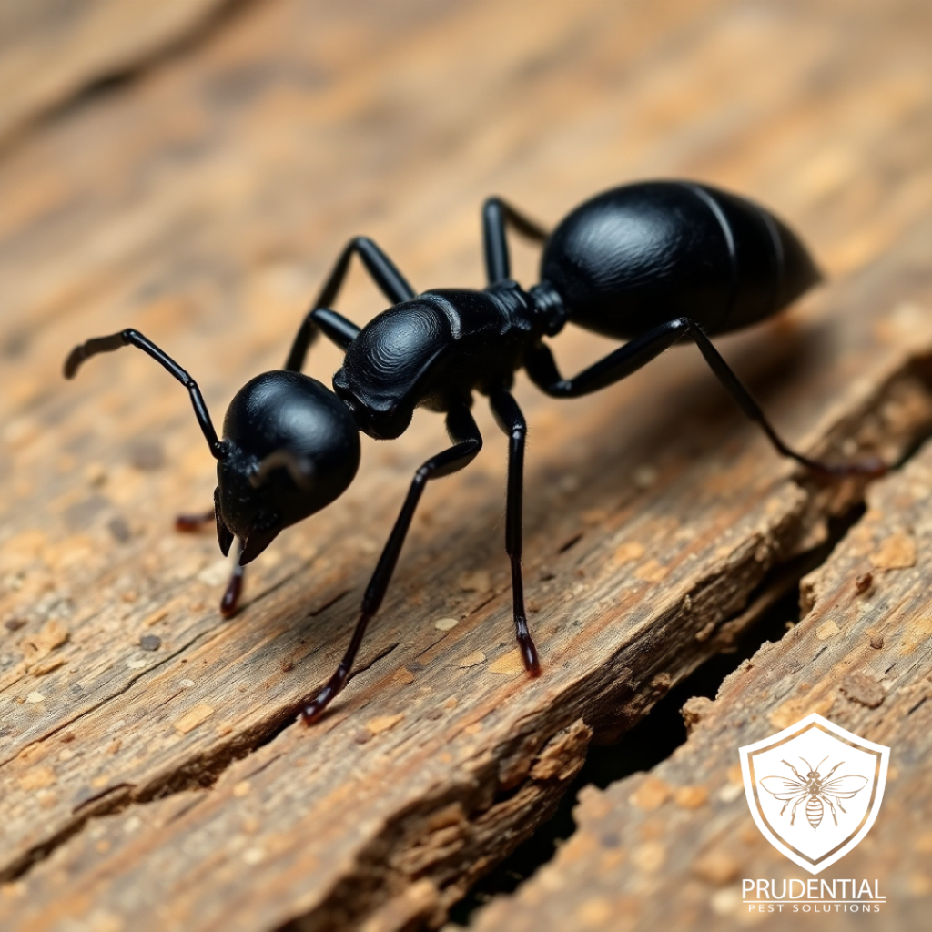 a single carpenter ant is standing on a piece of wood