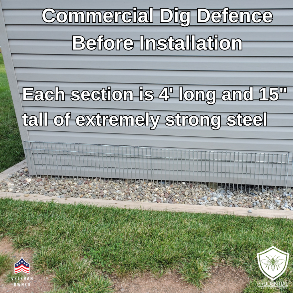 dig defence is 4 feet long by 15 inches tall and can be installed under sheds, decks, patios, and porches