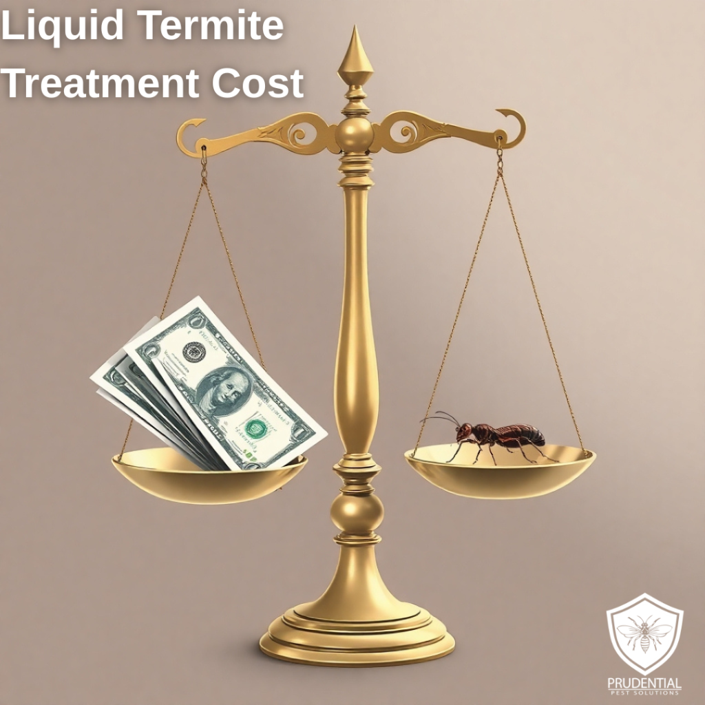 a scale with money on one side and a termite on the other with the words liquid termite treatment cost