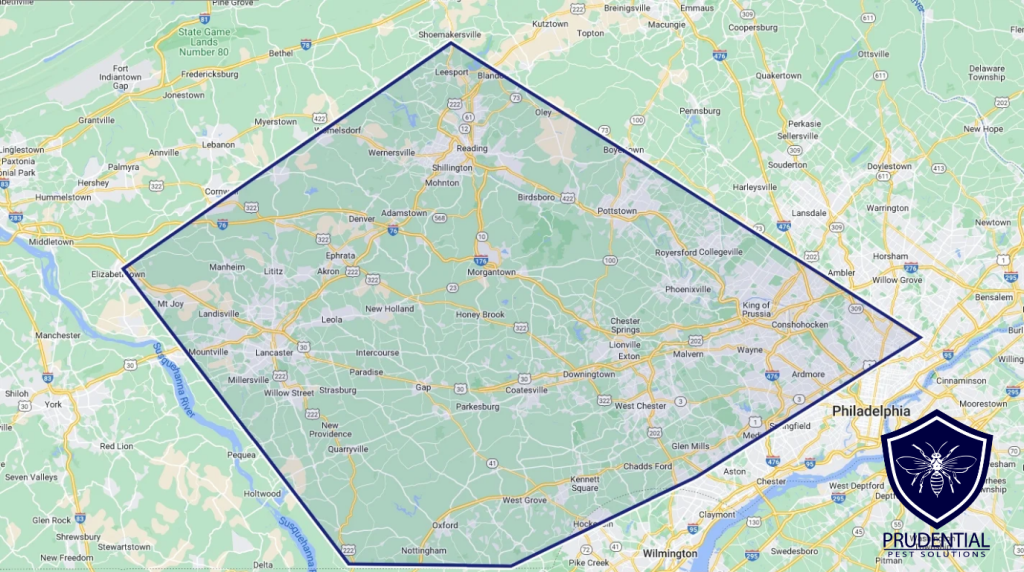 a map showing Berks County, Chester County, and the surrounding areas where Prudential Pest Solutions services