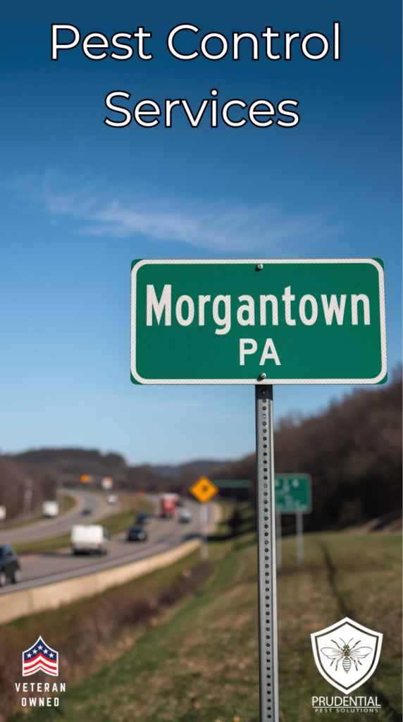 Pest Control services in Morgantown PA with a sign that says Morgantown PA on the side of the Pennsylvania Turnpike