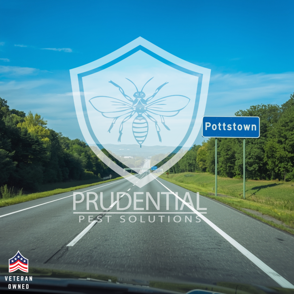 Prudential Pest Solutions logo over highway 422 with a sign that says Pottstown