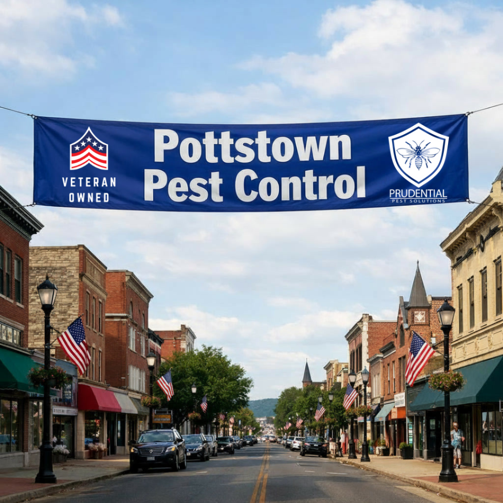 a banner hangs above the street in Pottstown that says Pottstown Pest Control with a Prudential Pest Solutions logo