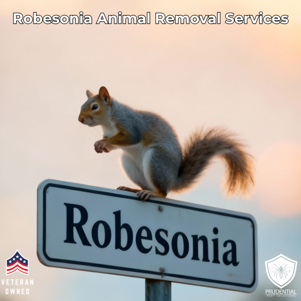 a squirrel sits on top of a sign that says Robesonia