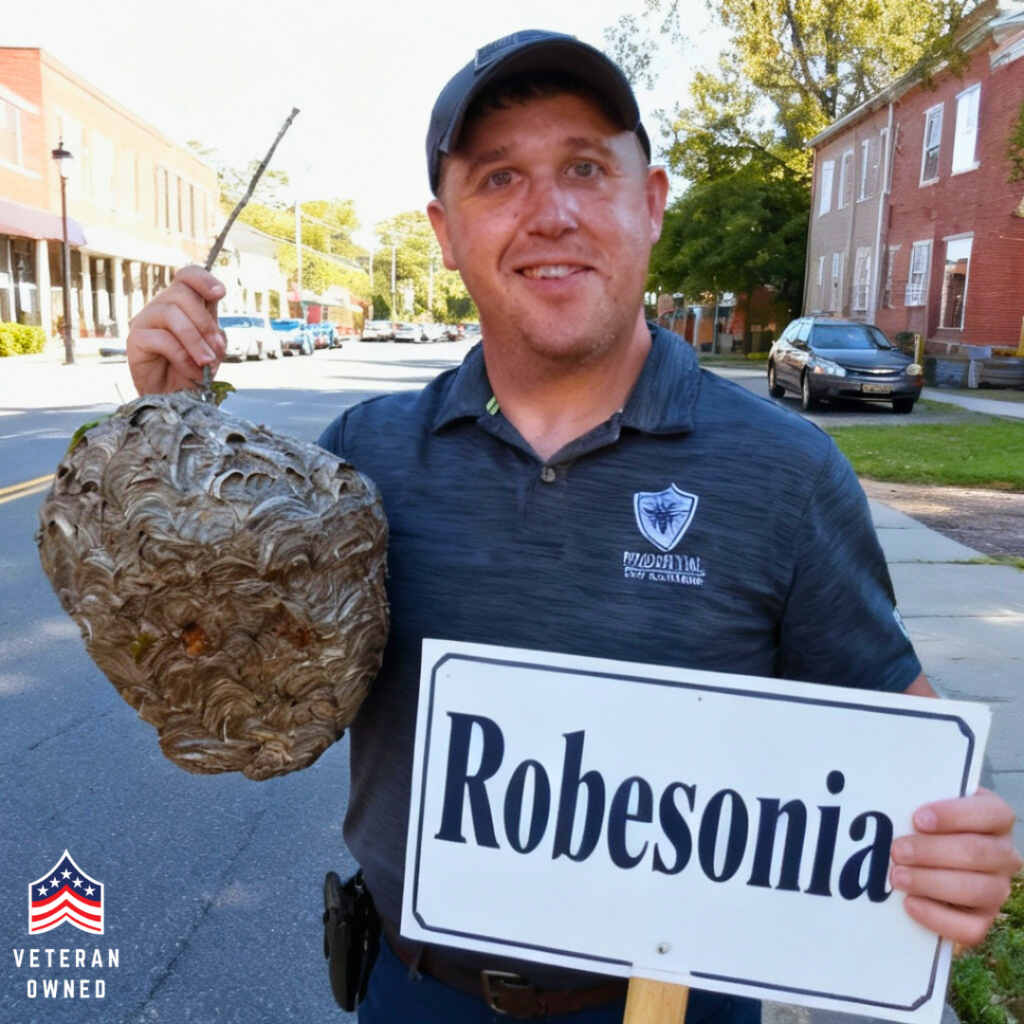 a technician from Prudential Pest Solutions is holding a hornet nest and a sign that says Robesonia