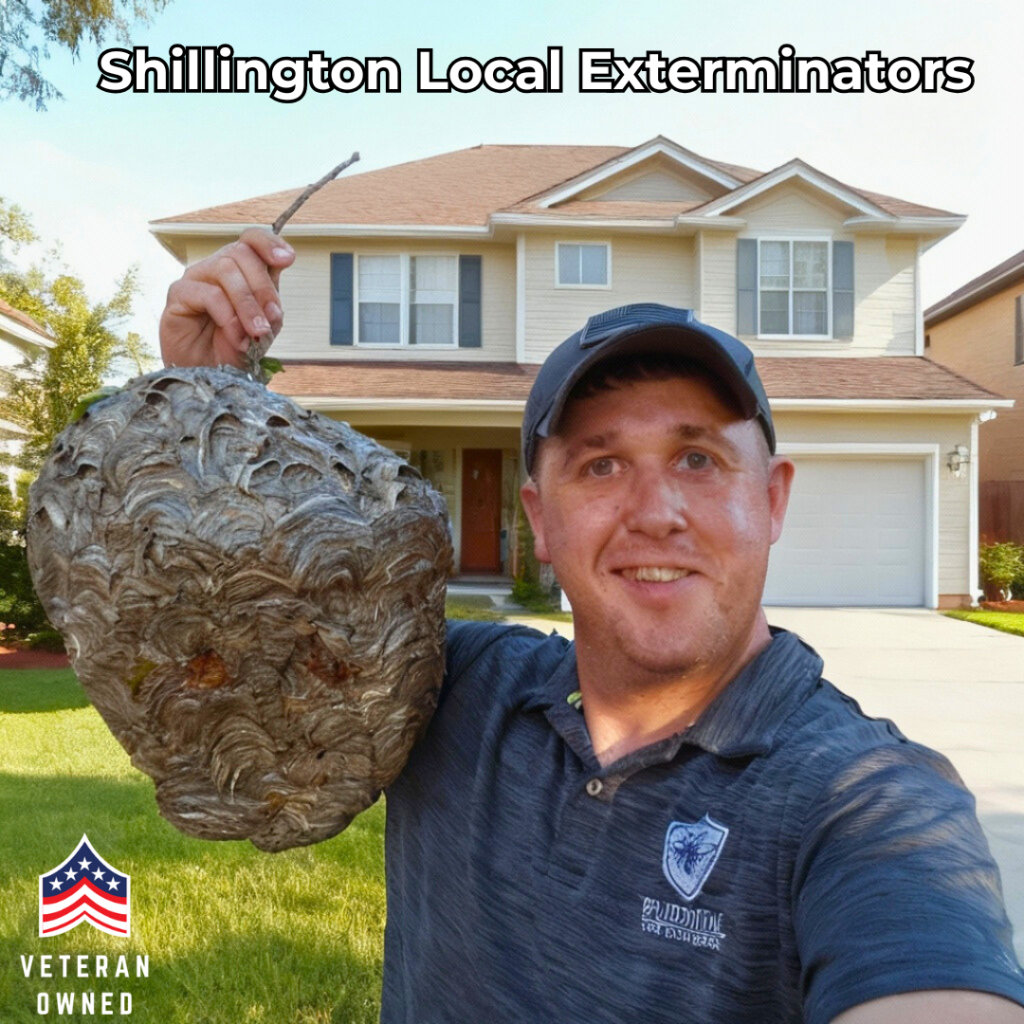 Ryan with Prudential Pest Solutions holds a hornet nest in front of a house in Shillington PA