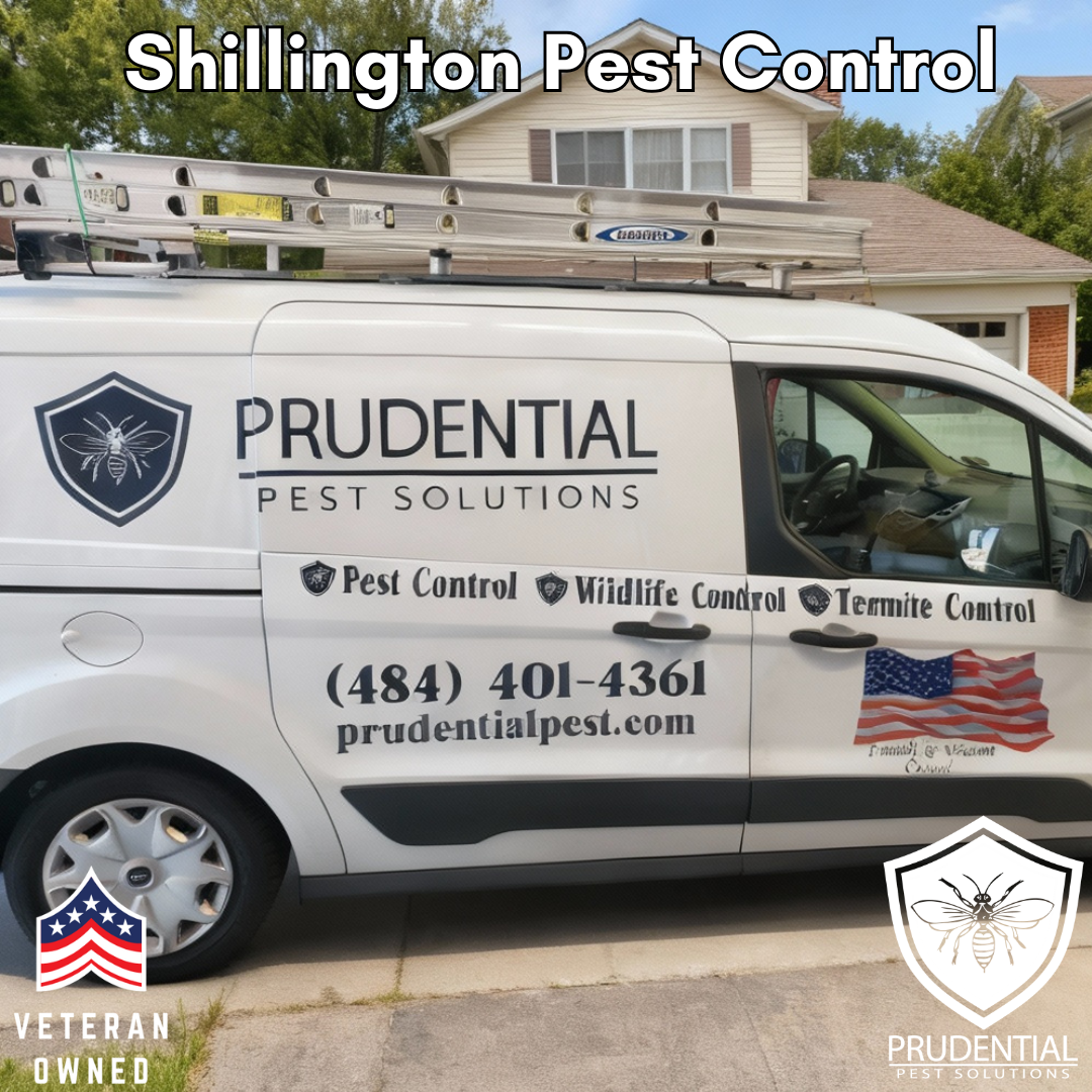 a Prudential Pest Solutions service vehicle is parked in front of a house in Shillington PA