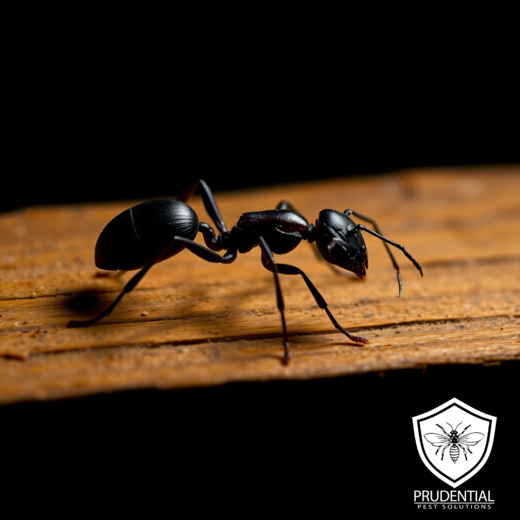 a single carpenter ant is standing on a piece of wood