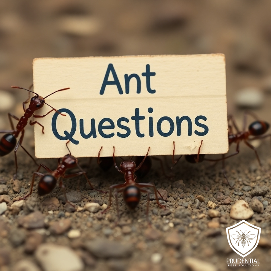 Ants are holding a sign that says Ant Questions because homeowners have questions about ants