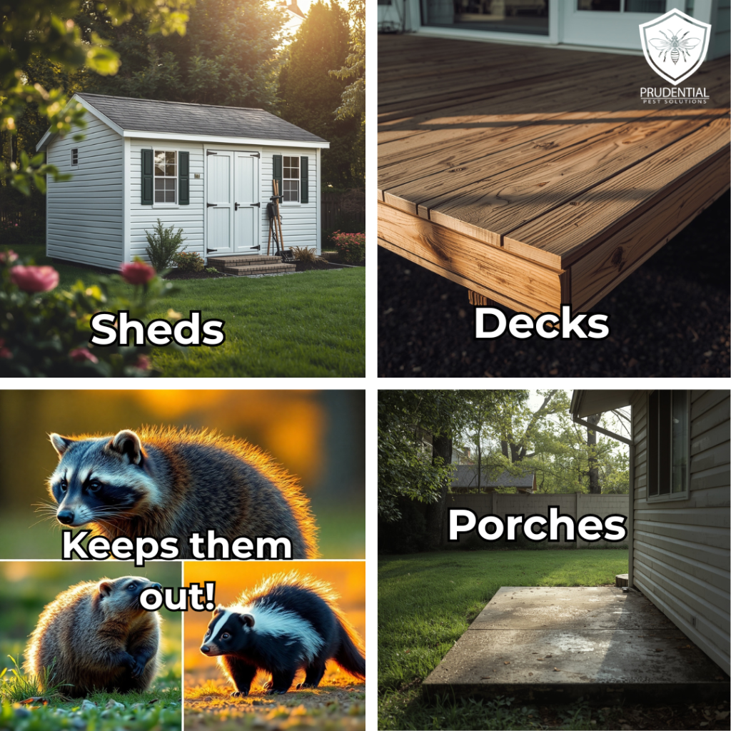 a shed, deck, porch, and patio are shown with a raccoon, groundhog and skunk to show the animals that infest those structures