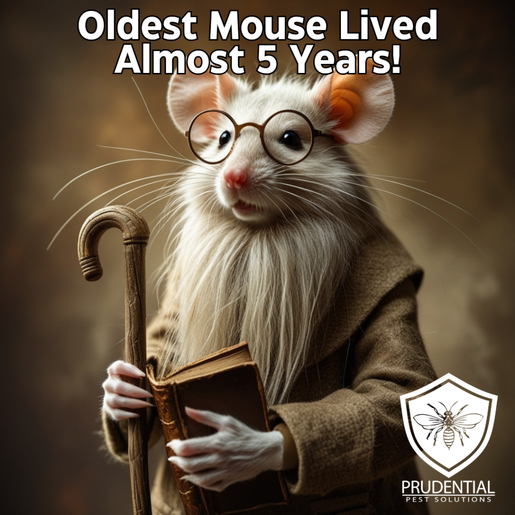 old mouse dressed as an old person with the wording the oldest mouse lived almost 5 years