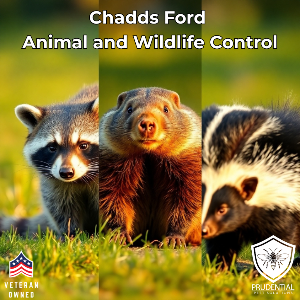 a raccoon, groundhog, and skunk are shown with the words Chadds Ford Animal and Wildlife Control