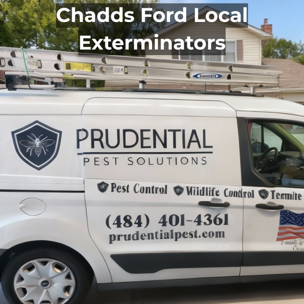 A Prudential Pest Solutions service vehicle is parked in front of a house in Chadds Ford PA with the words Chadds Ford local exterminators
