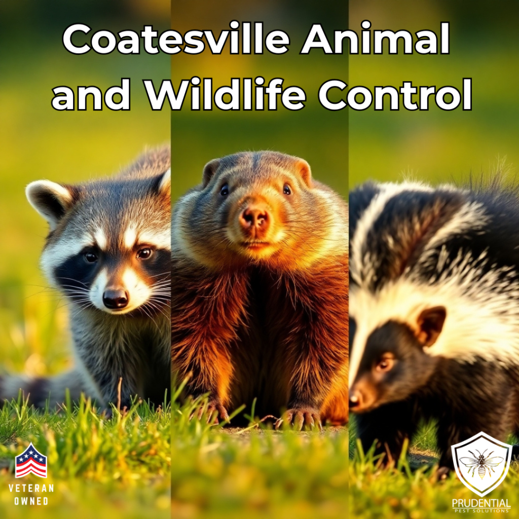 a raccoon, groundhog, and skunk are shown with the title of Coatesville Animal and Wildlife Control