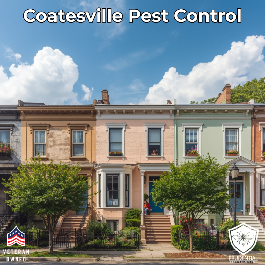 a row of houses in Coatesville is shown with the words Coatesville Pest Control