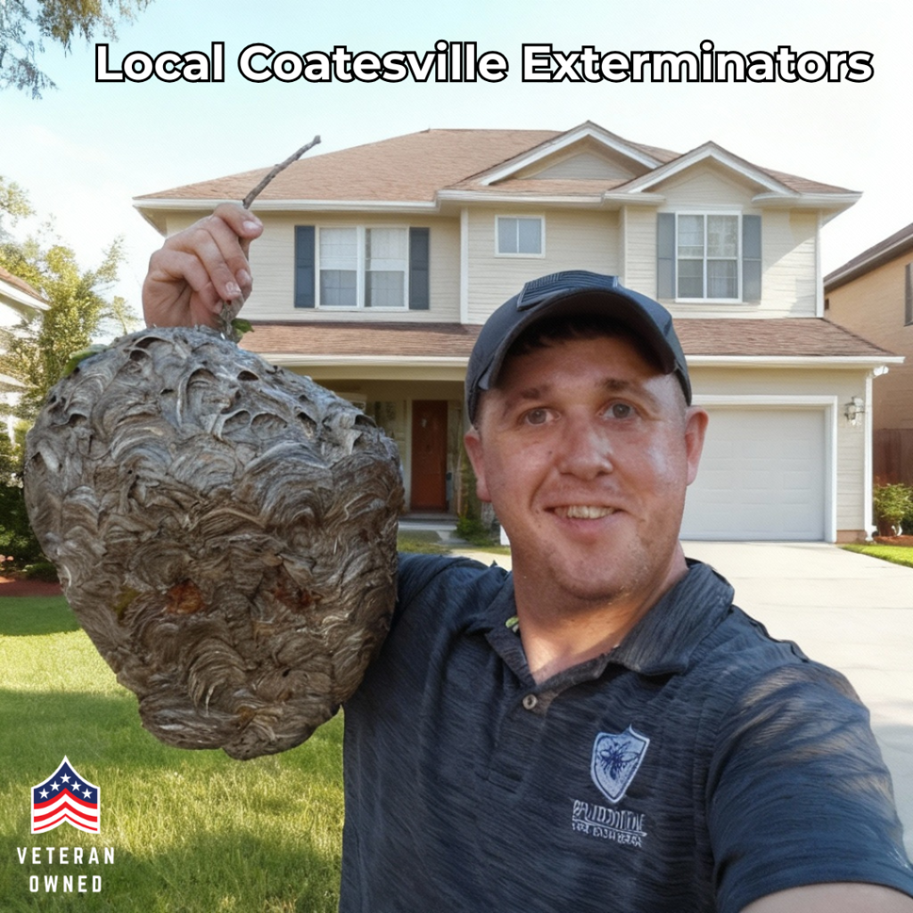 Ryan with Prudential Pest Solutions is holding a hornet nest in front of a house in Coatesville PA with the words Local Coatesville Exterminators